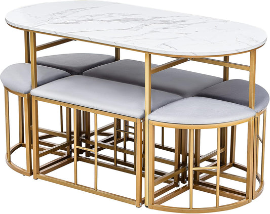 Moimhear Dining Set (Set with Dining Table, 4 Small Stools and 2 Large Stools), Kitchen Dining Table Set Made of Steel Frame, 140 x 70 x 76 cm, Maximum Load 120 kg (White and Gold)