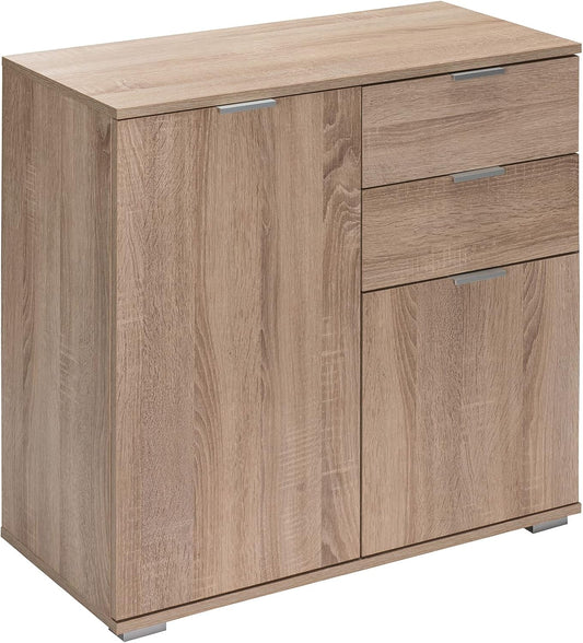 Casaria® Chest of Drawers with 2 Doors and 2 Drawers 70 x 75 x 35 cm Wood Modern Mirror Construction Bedroom Office Hallway Multi-Purpose Cabinet Filing Cabinet Oak