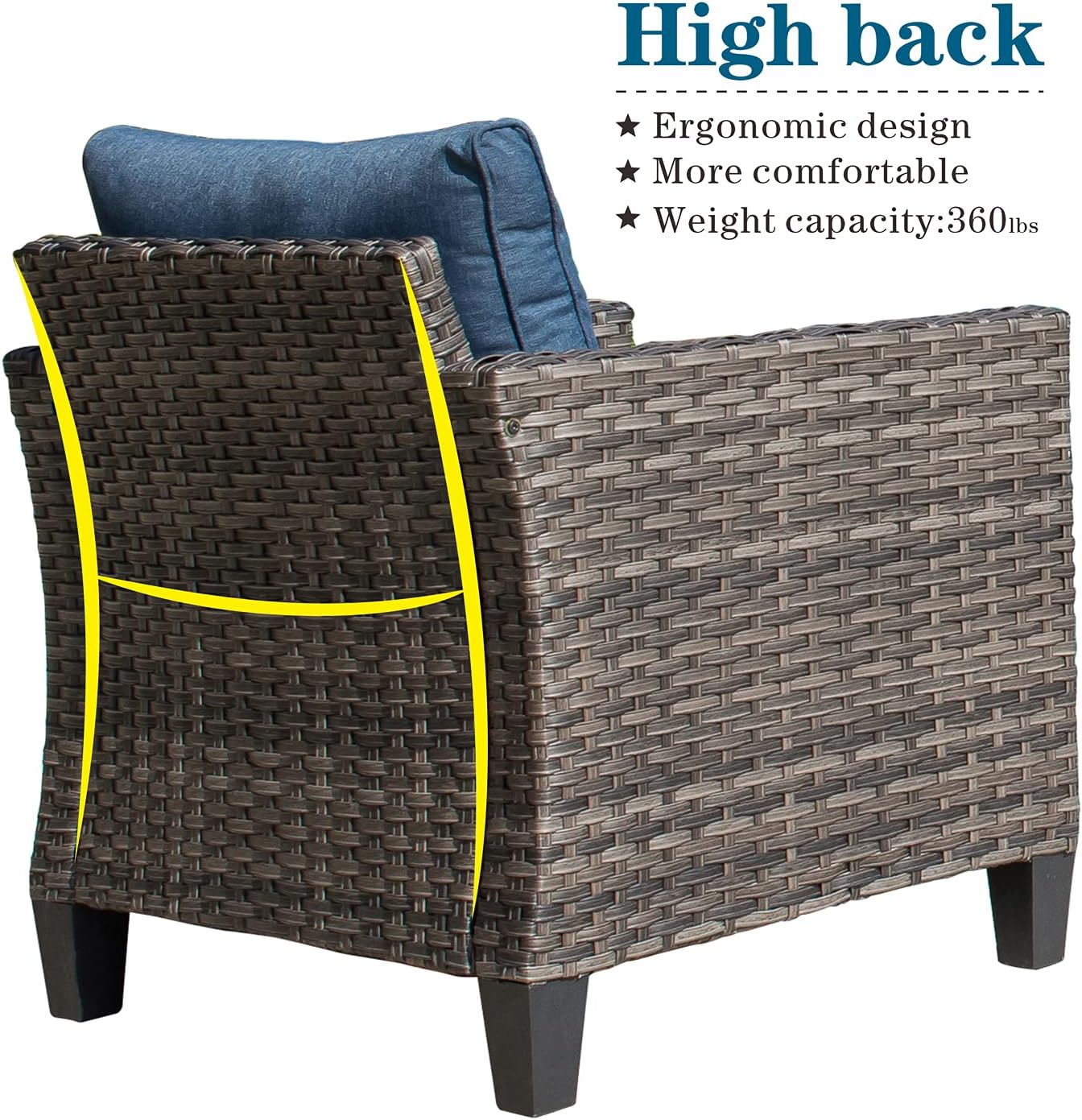 OVIOS Modern 8 PCS High Back Outdoor Furniture Set, Wicker & Steel, Grey-Denim Blue