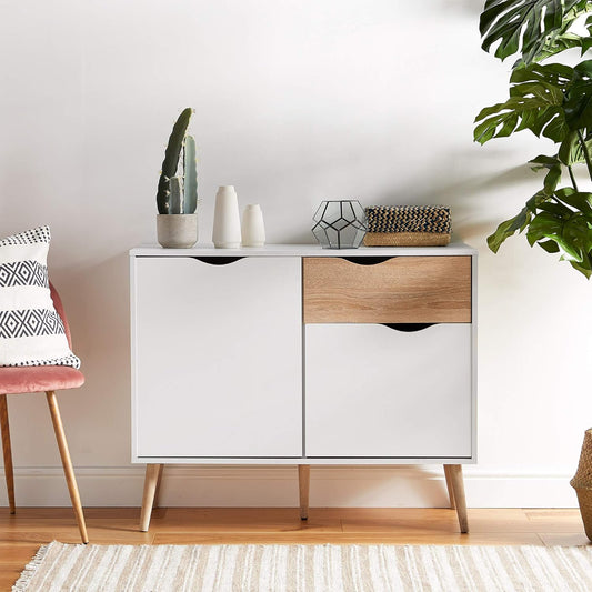 VonHaus Sideboard White & Oak Effect - Small Compact Sideboard Cabinet with 3 Storage Drawers & Cupboards – Nordic Scandi Style Furniture with Tapered Legs - Living Room, Lounge, Home Office & Hallway