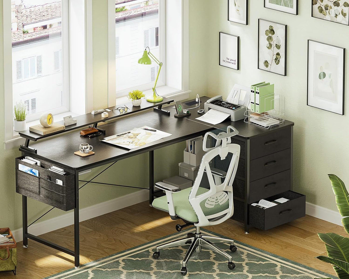ODK Corner Desk with Drawers, L Shaped Computer Desk with USB Charging Port & Power Outlet, Home Office Desk with Monitor Stand and PC Stand, 63 Inch Gaming Desks Workstations, Black