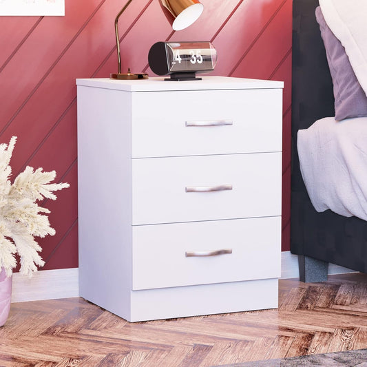 Vida Designs Large White Bedside Cabinet Chest of Drawers, 3 Drawer With Metal Handles and Runners, Unique Anti-Bowing Drawer Support, Riano Bedroom Furniture