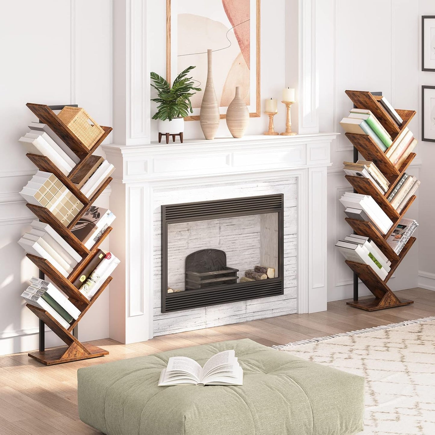 HOOBRO Tree Bookshelf Tall, 9-Tier Floor Standing Book Shelf, Tall Bookcase with Wooden Shelves for CDs Albums, Metal Frame, for Living Room, Kitchen, Home Office, Industrial, Rustic Brown EBF08SJ01