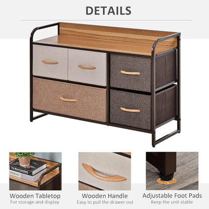 HOMCOM 5-Drawer Dresser, Linen Fabric Chest of Drawers, Dresser Tower Unit for Bedroom Hallway Entryway, Storage Organizer with Steel Frame Wooden Top