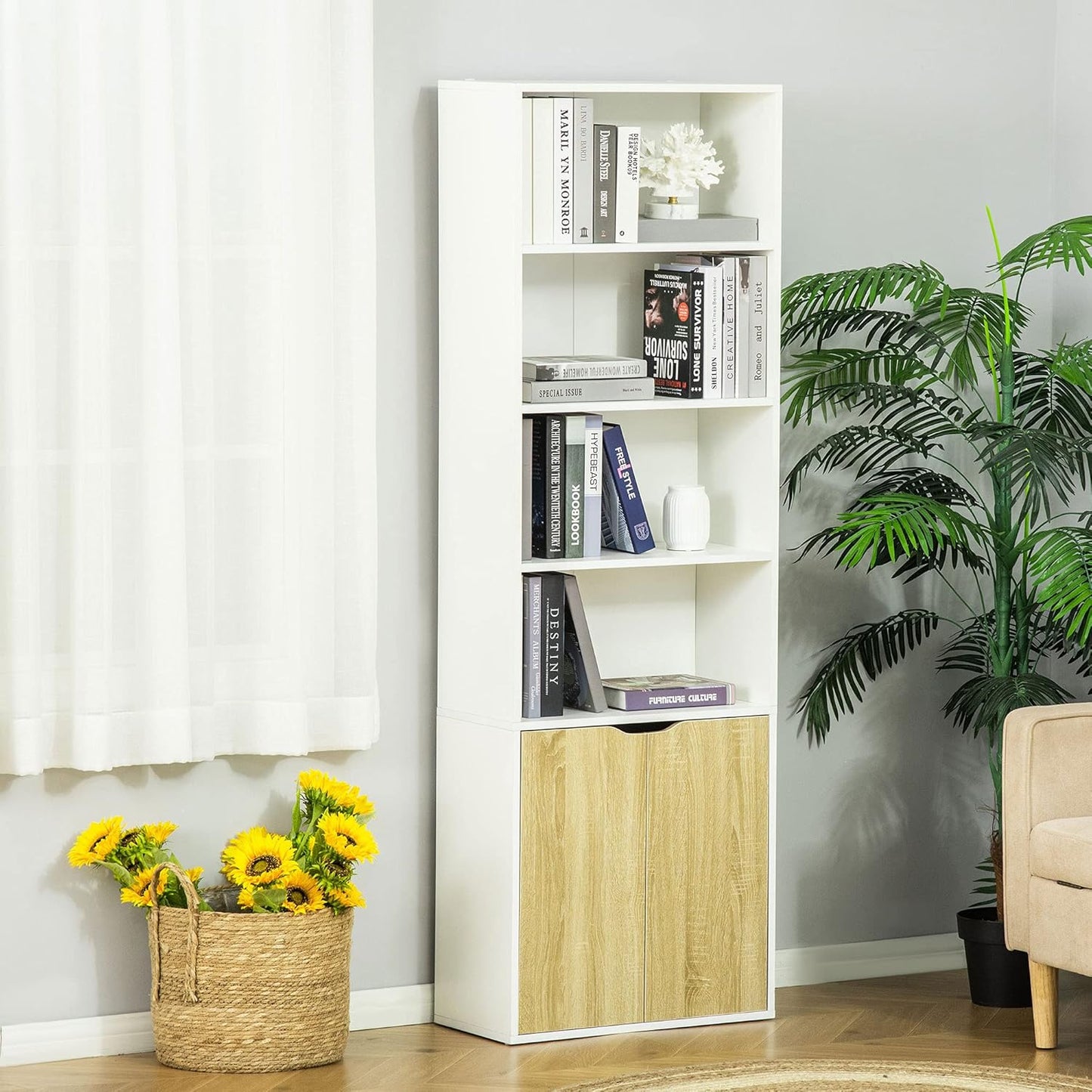 HOMCOM 2 Door 4 Shelves Tall Bookcase Modern Storage Cupboard Display Unit for Living Room Study Bedroom Home Office Furniture White and Oak