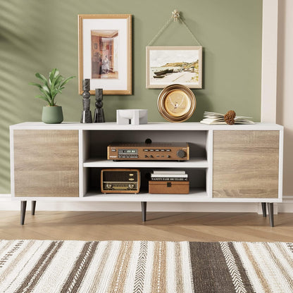 JUMMICO Mid-Century Modern TV Stand for 55/65 Inch TV, Entertainment Center with Storage Cabinet and Open Shelves, TV Media Cabinet for Living Room, Bedroom and Office (White and Oak, 65 Inches)