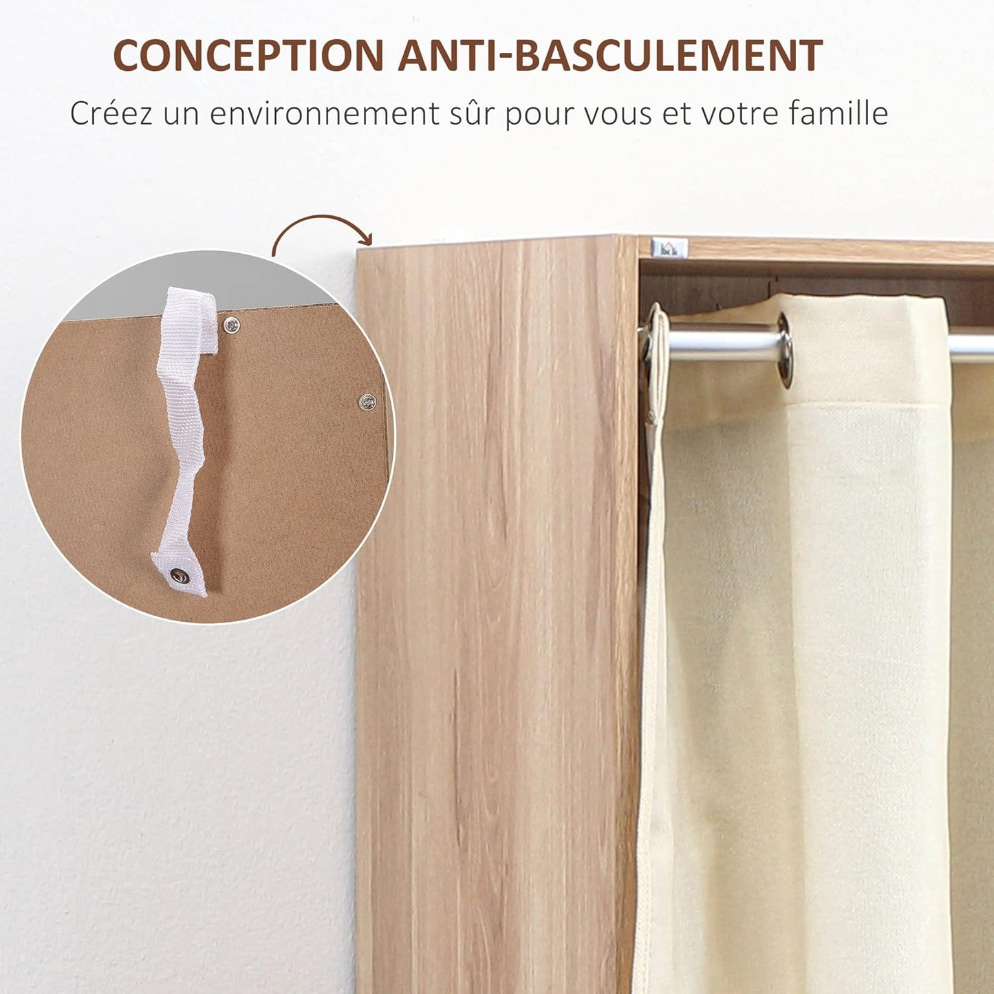 HOMCOM Wardrobe Storage with Rod Curtain 3 Removable Fabric Drawers 105 x 48 x 160 cm Natural
