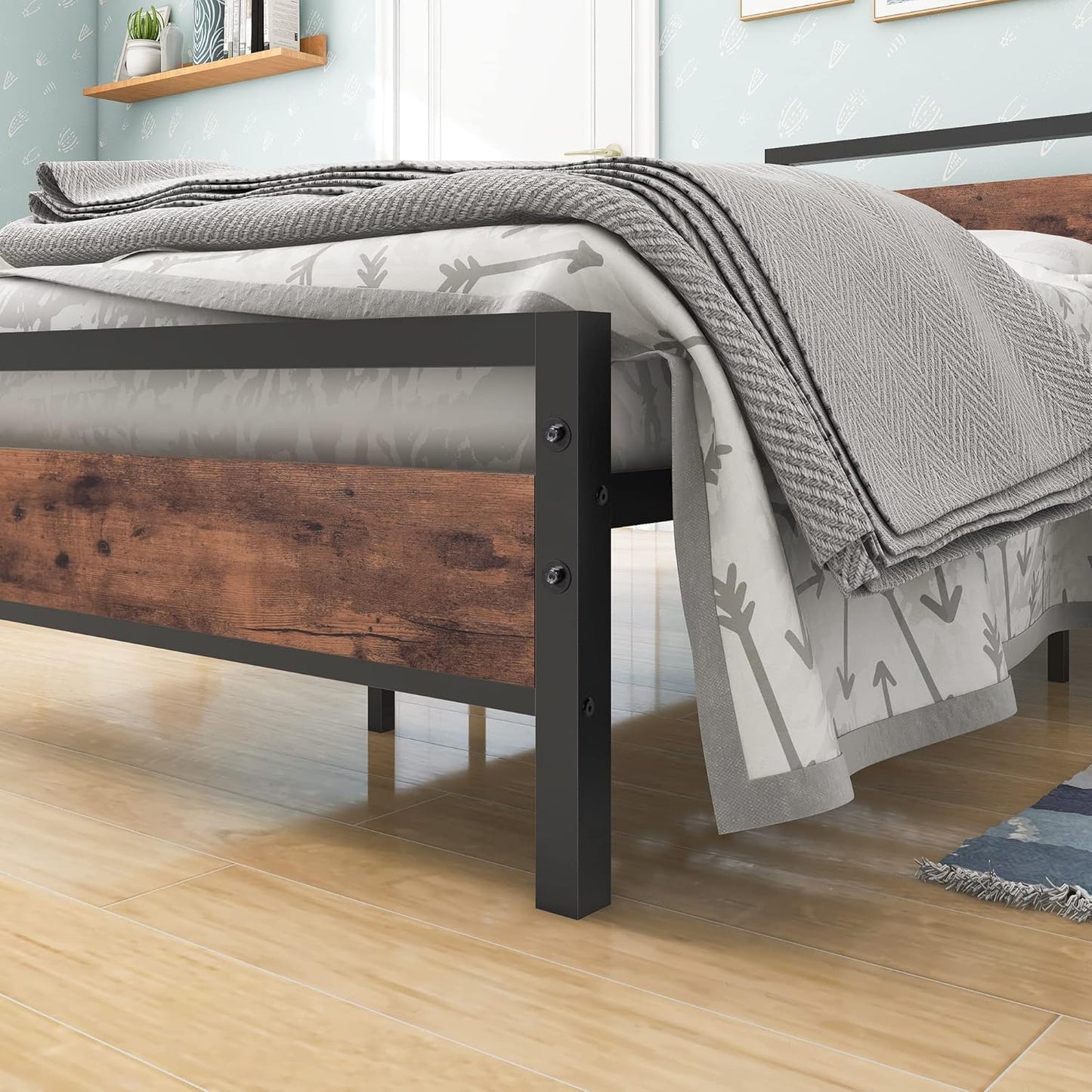 BOFENG 3ft Single Bed Frames Solid Bedstead Base with Wood Headboard,Heavy Duty Metal Platform Bed Frame No Box Spring Needed,Mattress Base/Metal Slat Support/Underbed Storage Space/Rustic Brown