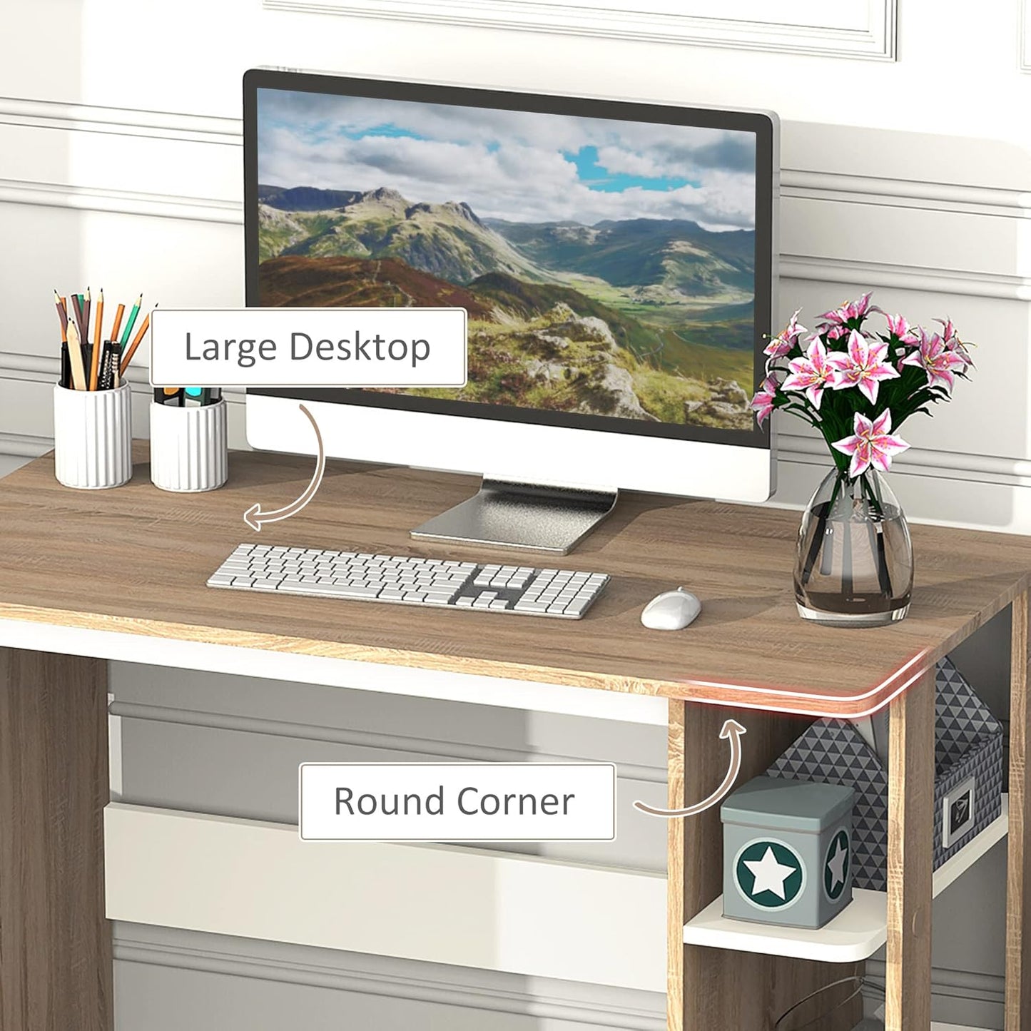 HOMCOM Computer Desk & 3-Tier Side Shelves Wide Table Top Home furniture OAK
