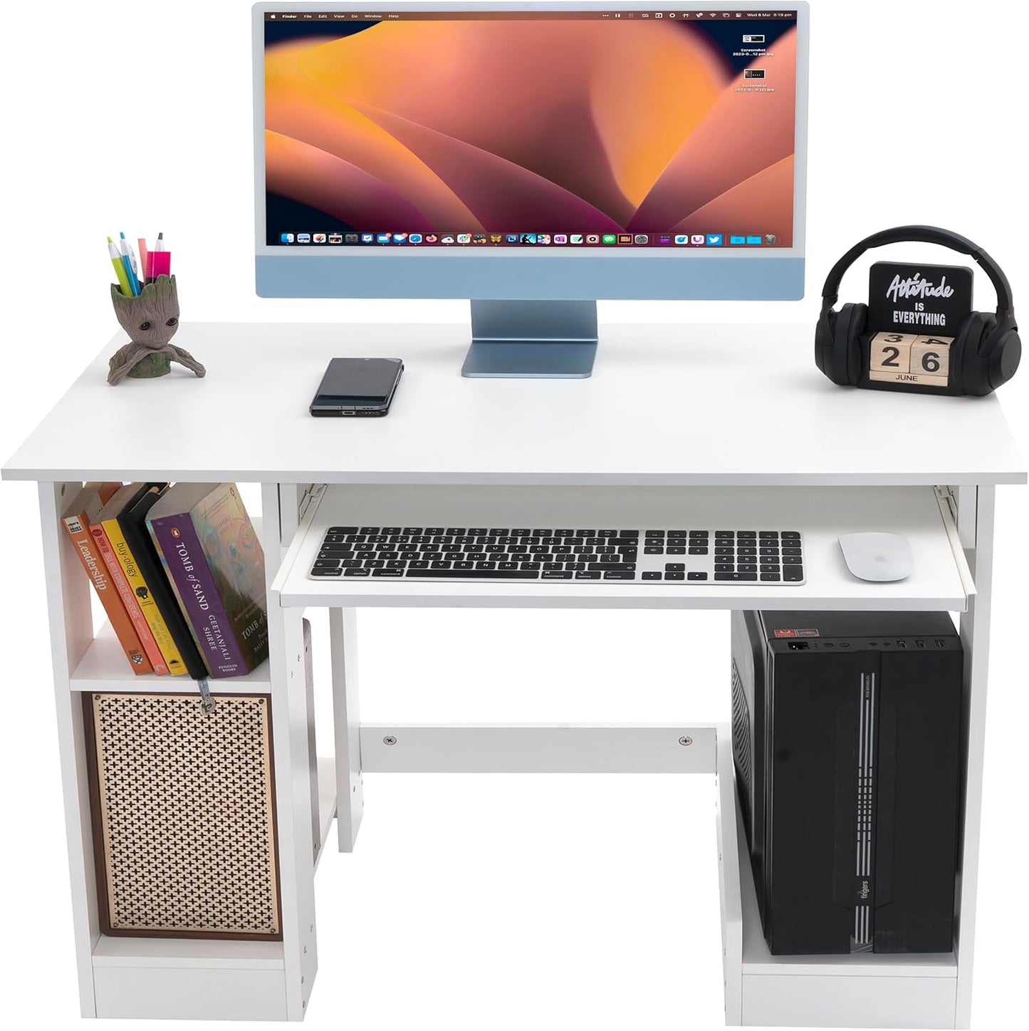 Blisswood Home Office Desk, White Computer Desk With Shelves & Sliding Keyboard Tray PC Laptop Table For Writing Workstation Bedroom Study Furniture (90 x 50 x 75CM)