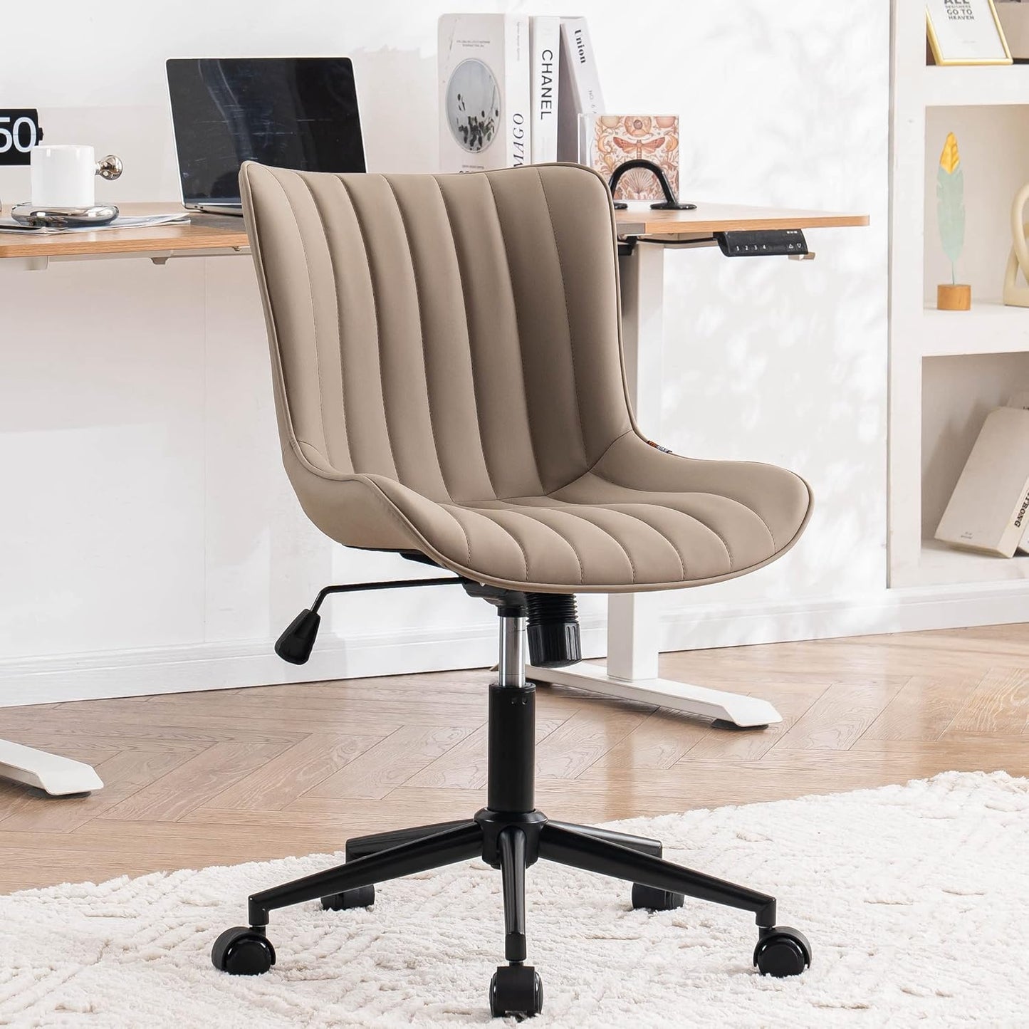 YOUNIKE Modern Office Chair Desk Chair for Home Office, Leather Padded Seat Adjustable Height Computer Chair for Compact Space, Small Swivel Task Chair with Rocking Mid Back, Khaki