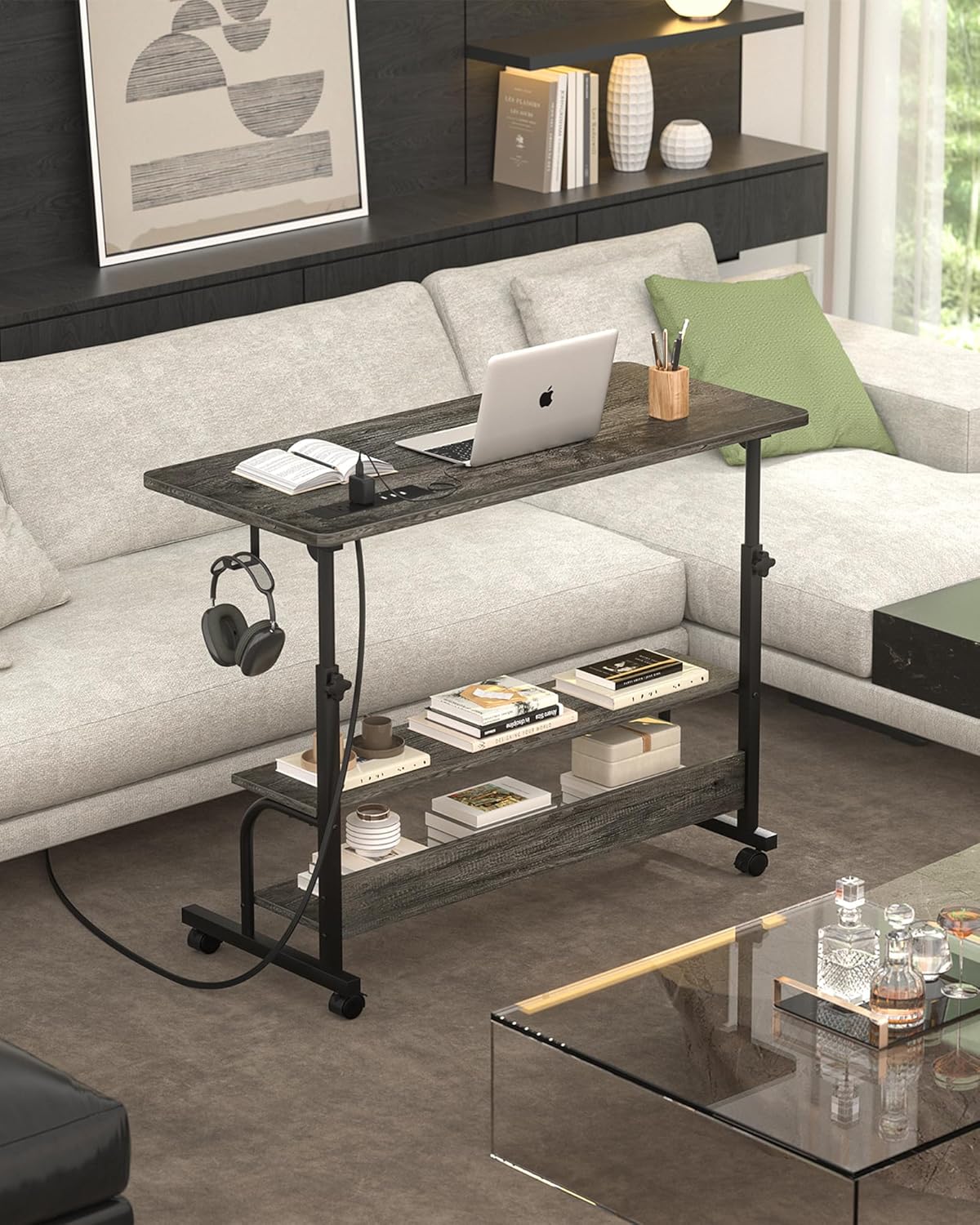 Height Adjustable Standing Desk with Power Outlets, 32" Manual Stand Up Desk with Storage Shelves Small Mobile Rolling Computer Desk Portable Laptop Table with Wheels for Home Office