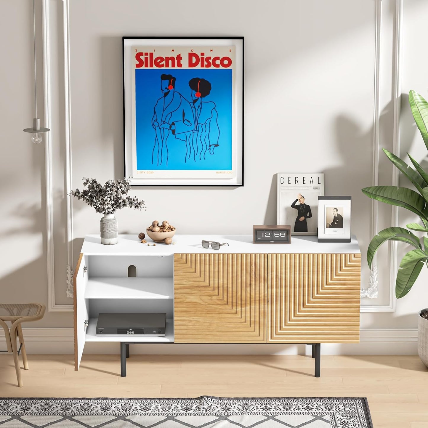 roomfitters Modern TV Cabinet, TV Unit for TVs up to 65”, Wood TV Stand Cabinet, Mid Century TV Media Units with Storage, TV Cupboard for Living Room, Wood Print Carved Geometric Design