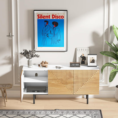 roomfitters Modern TV Cabinet, TV Unit for TVs up to 65”, Wood TV Stand Cabinet, Mid Century TV Media Units with Storage, TV Cupboard for Living Room, Wood Print Carved Geometric Design