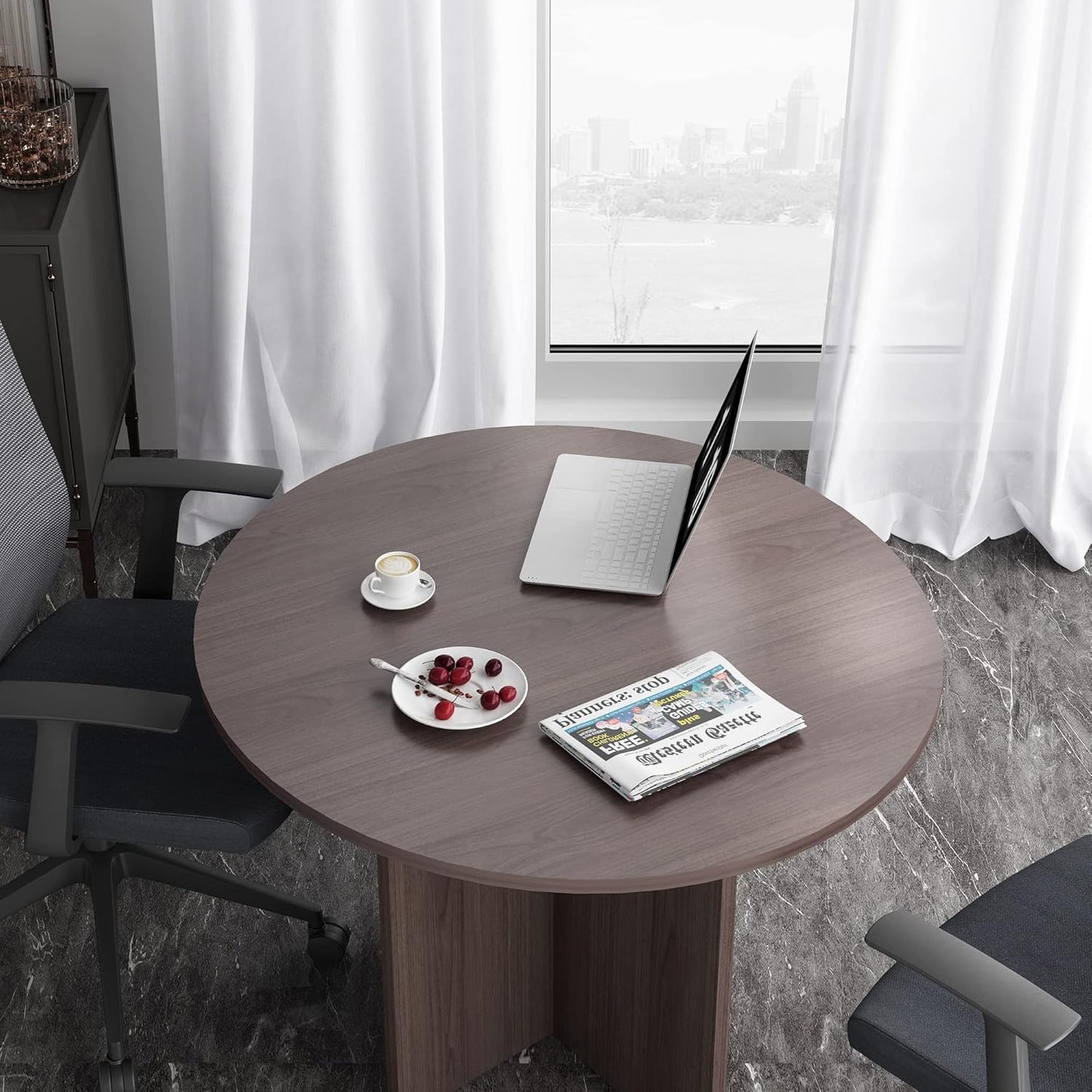 CuHome Round Conference Table, 35.4" Small Commercial Meeting Table for Business, Office Table with X-Shaped Wood Base (Walnut)