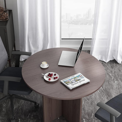 CuHome Round Conference Table, 35.4" Small Commercial Meeting Table for Business, Office Table with X-Shaped Wood Base (Walnut)