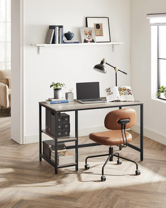 Woodx Computer Desk, Writing Desk with 2 Shelves on Left or Right, Work Table for Office Living Room, Steel Frame, Industrial, Greige and Black