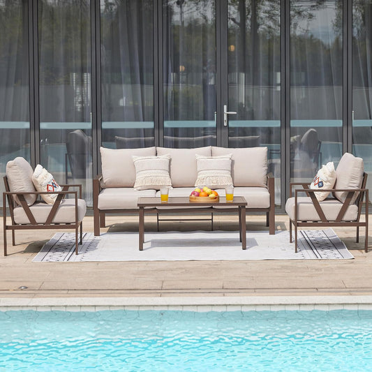 COMLAX FIELD Patio Furniture Set, 6 Pieces Outdoor Couch Sectional, L Shaped Patio Sofa, Metal Patio Couch Sectional with Side Table, Outdoor Seating Conversation Set