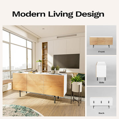 roomfitters Modern TV Cabinet, TV Unit for TVs up to 65”, Wood TV Stand Cabinet, Mid Century TV Media Units with Storage, TV Cupboard for Living Room, Wood Print Carved Geometric Design