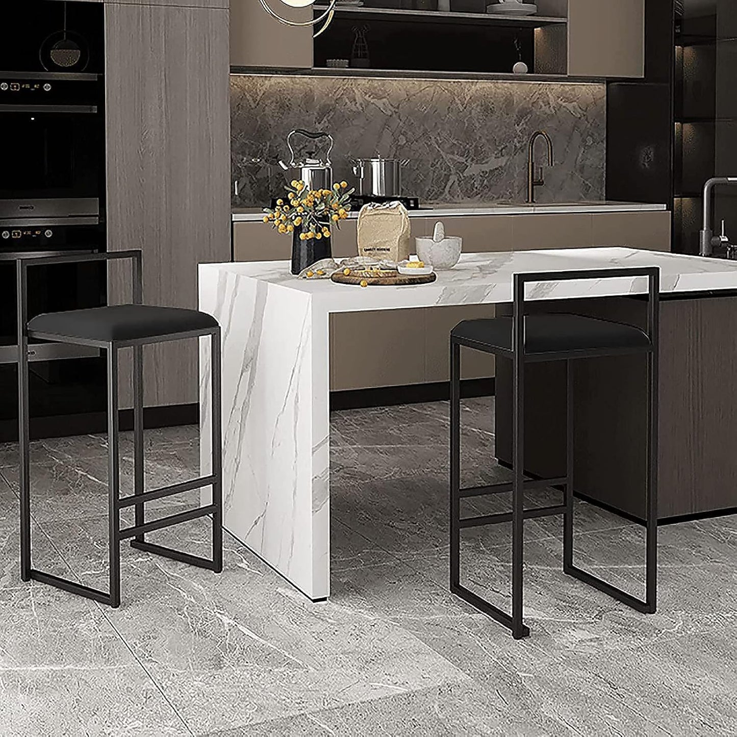 KAMPCO Bar Stool with Backrest, Velvet Bar Chair for Dining Room, Black