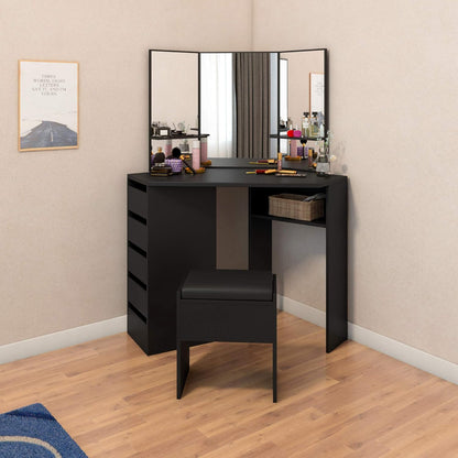 Panana Dressing Table MDF Corner Makeup Table with 3 Mirrors, 5 Drawers, 1 Compatiment and Bedroom Stool, 109 cm (L) x 55 cm (W) x 140 cm (H) (Black)