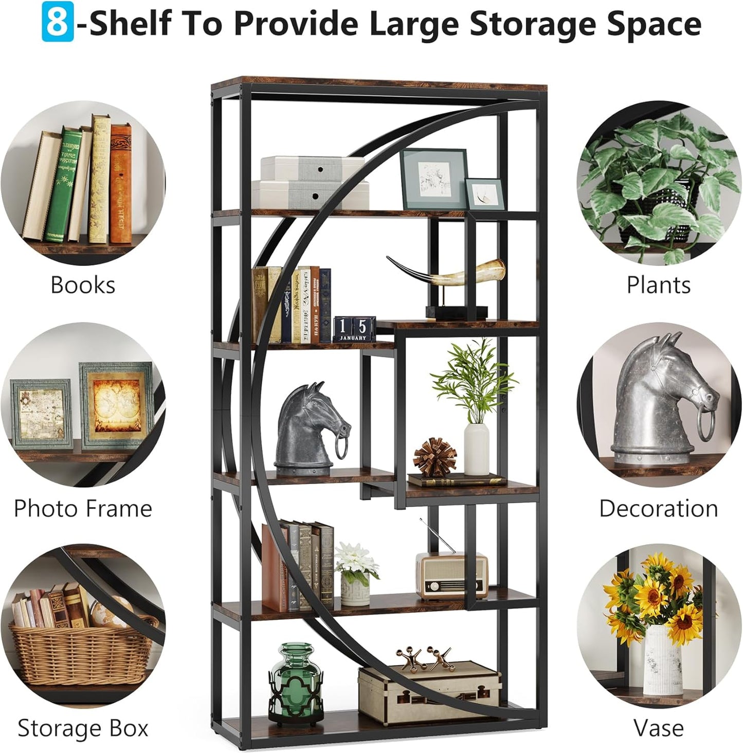 Tribesigns Bookshelf, Industrial 5-Tier Etagere Bookcase, 70.8 inch Tall Bookshelf with 8 Open Storage Shelf, Book Shelf Display Tack Shelving Unit for Home Office Living Room, Rustic Brown