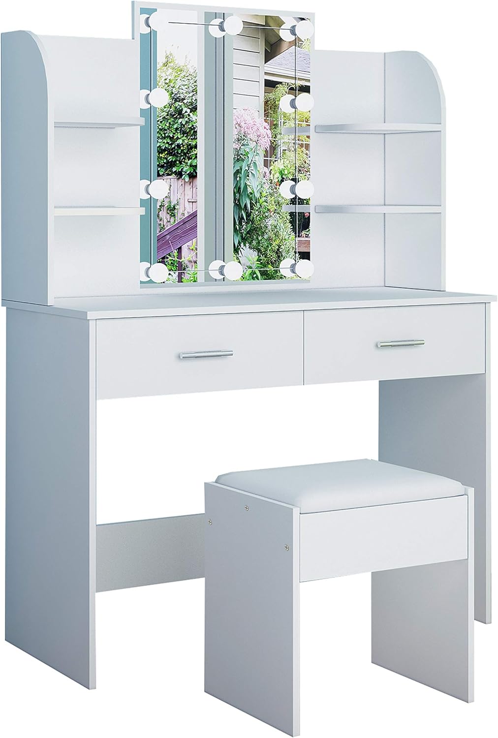 AWOOOD White Dressing Table,Dressing Tables with Lights & Mirror,Vanity Makeup Table Set with 2 Large Drawers & Stool for Girls