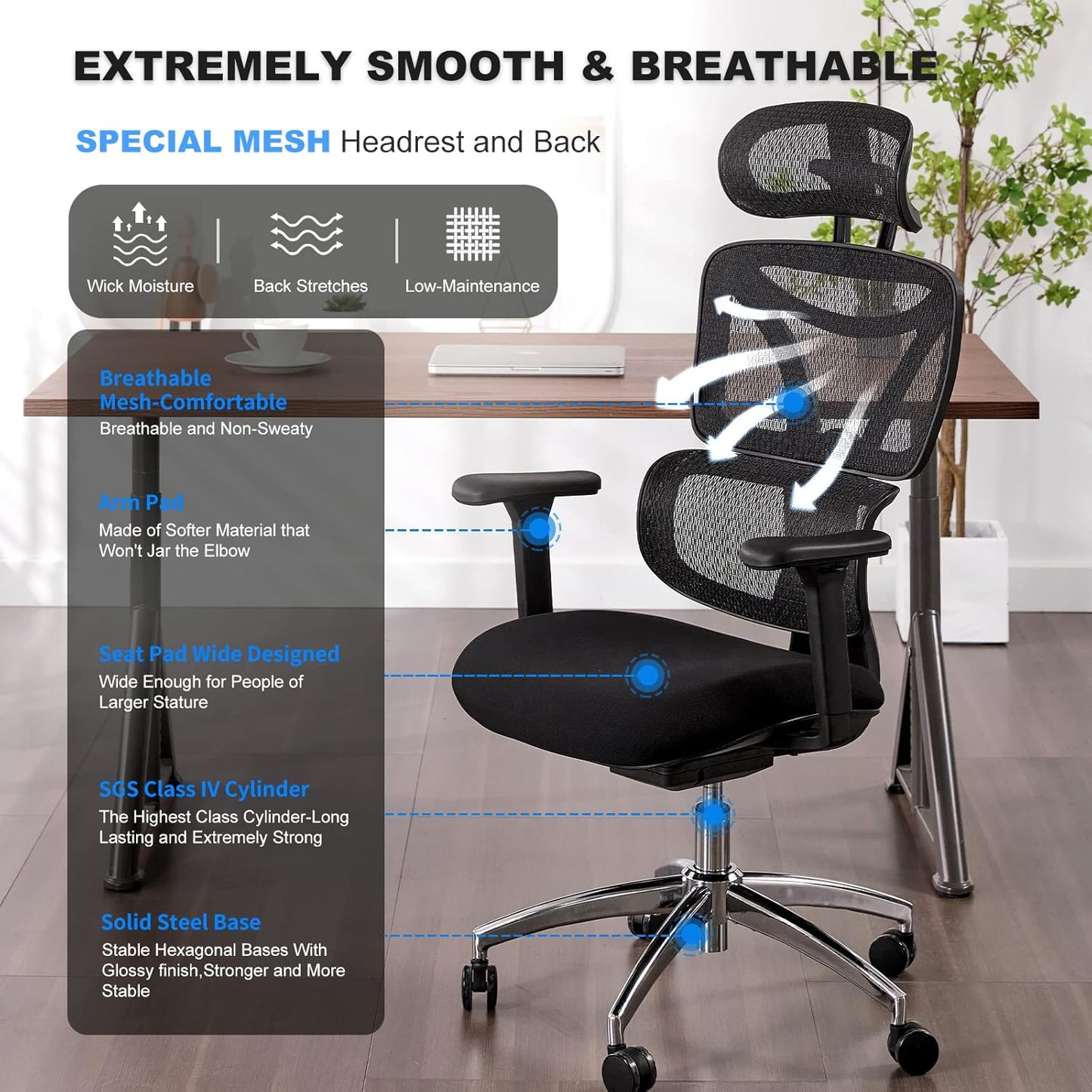 Ergonomic Office Chair, Home Office Desk Chair with Adjustable Headrest & Armrest, High Back Mesh Computer Chair with Thickened Cushion & Dynamic Lumbar Supportï¼Œ360° Swivel Chair for Home Office