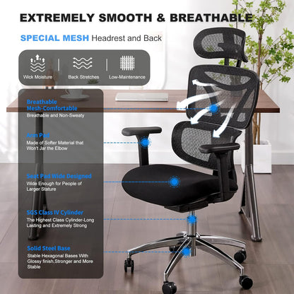 Ergonomic Office Chair, Home Office Desk Chair with Adjustable Headrest & Armrest, High Back Mesh Computer Chair with Thickened Cushion & Dynamic Lumbar Supportï¼Œ360° Swivel Chair for Home Office