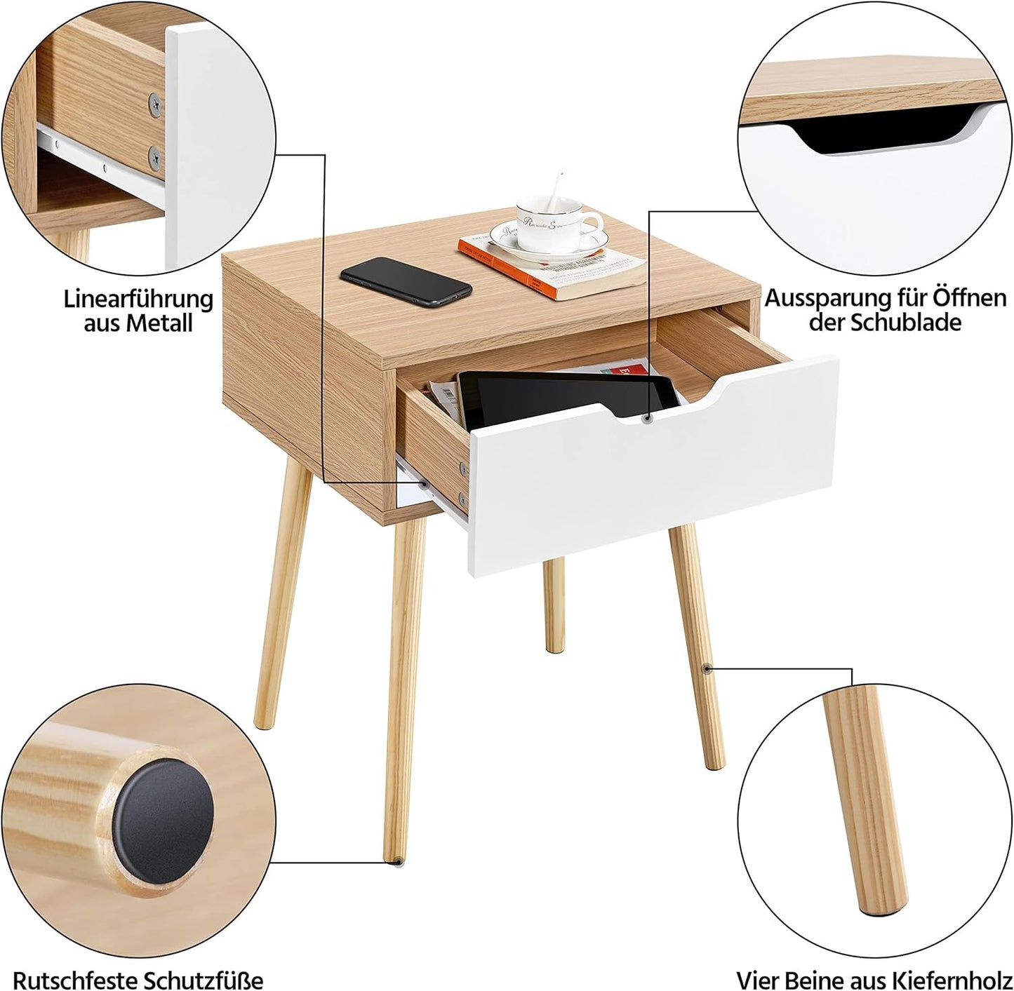 Yaheetech Bedside Table, Set of 2, Side Table, Bedside Table with Drawer, Wooden Legs, Sofa Table, Bedside Cabinet, Box Spring Bed, Bedside Table for Bedroom/Living Room, Light Brown