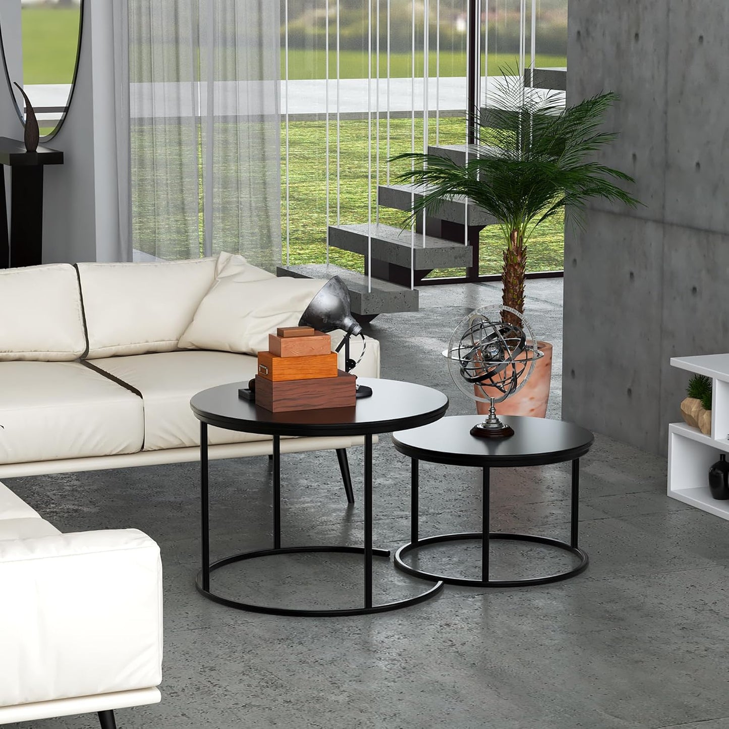 RIGID Nesting Tables Set of 2 Wood Coffee Table Round, Farmhouse End Tables for Living Room, Small Couch Tea Table, Industrial Stacking Side Tables with Sturdy Steel Metal Frame