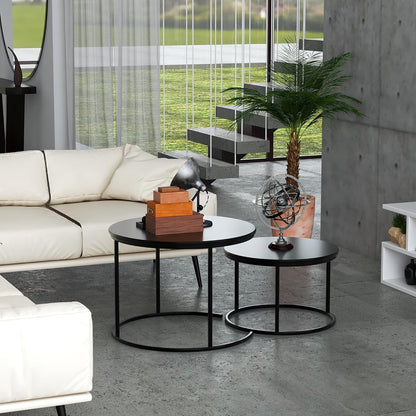 RIGID Nesting Tables Set of 2 Wood Coffee Table Round, Farmhouse End Tables for Living Room, Small Couch Tea Table, Industrial Stacking Side Tables with Sturdy Steel Metal Frame