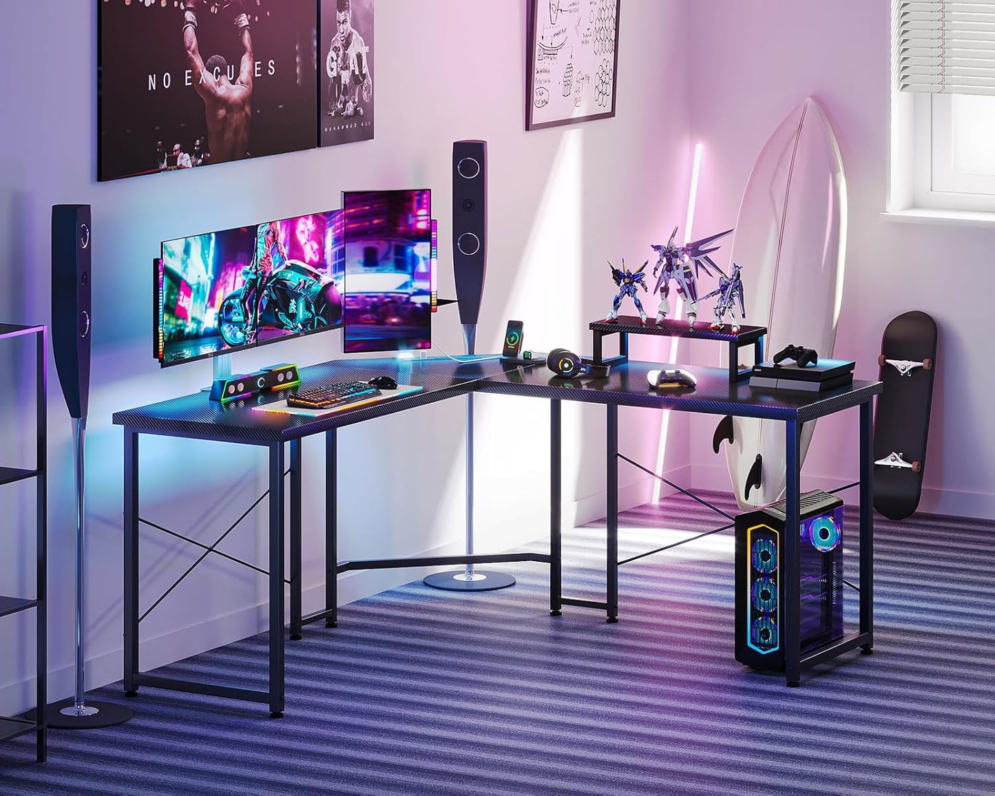 ODK L Shaped Gaming Desk, 51 Inch Computer Desk with Monitor Stand, PC Gaming Desk, Corner Desk Table for Home Office Sturdy Writing Workstation, Carbon Fiber Surface, Black
