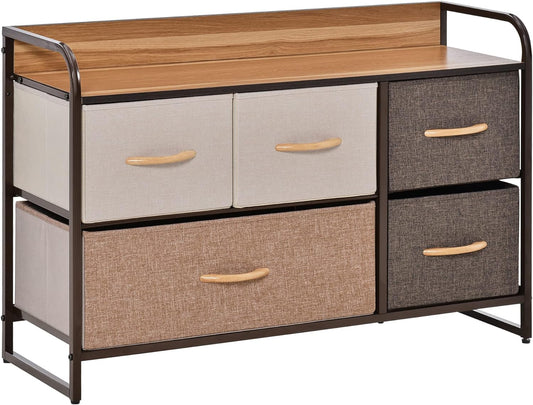 HOMCOM 5-Drawer Dresser, Linen Fabric Chest of Drawers, Dresser Tower Unit for Bedroom Hallway Entryway, Storage Organizer with Steel Frame Wooden Top