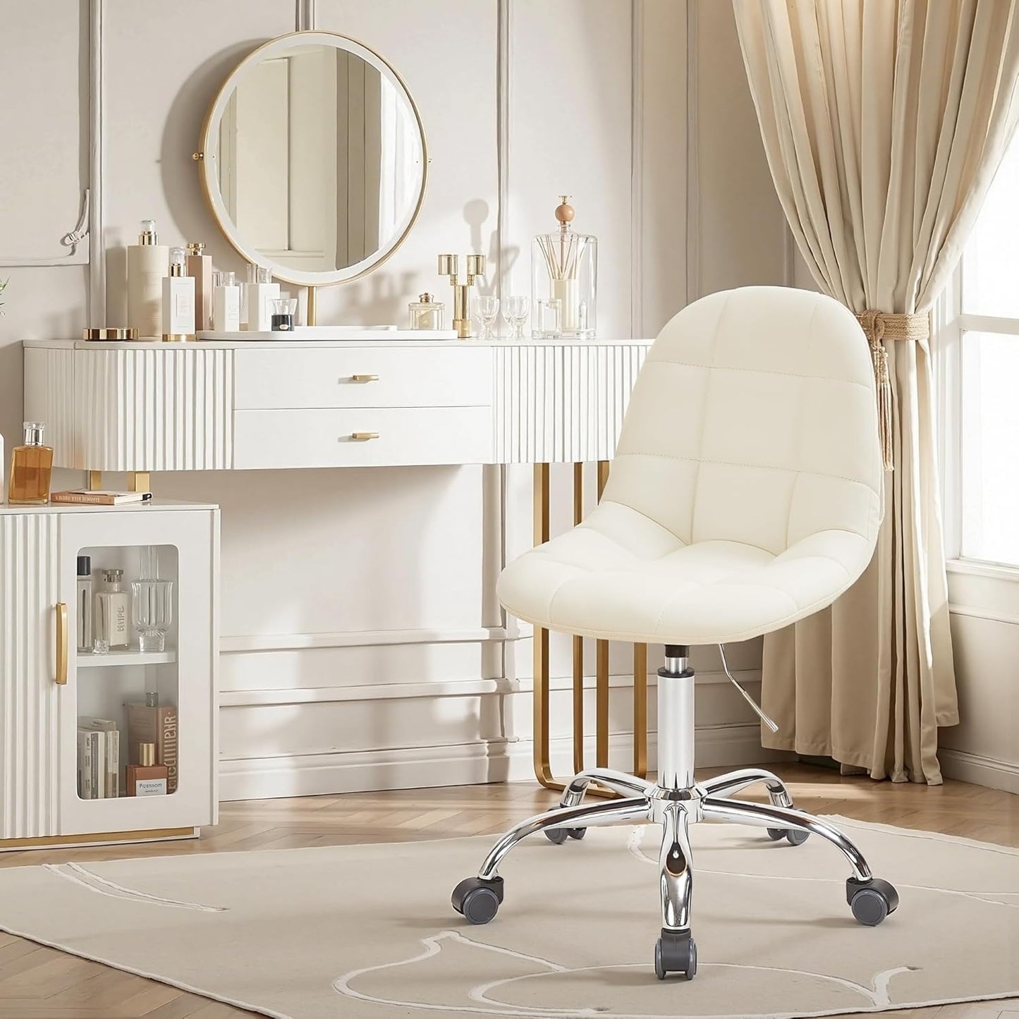 VECELO Armless Home Office Desk Chair, Height Adjustable, PU Leather 360 Degree Swivel with Wheels, Stylish Casual Vanity Seat for Study, Work, Makeup, Leisure, Weight up to 330 Lbs, White