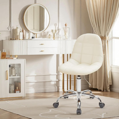 VECELO Armless Home Office Desk Chair, Height Adjustable, PU Leather 360 Degree Swivel with Wheels, Stylish Casual Vanity Seat for Study, Work, Makeup, Leisure, Weight up to 330 Lbs, White