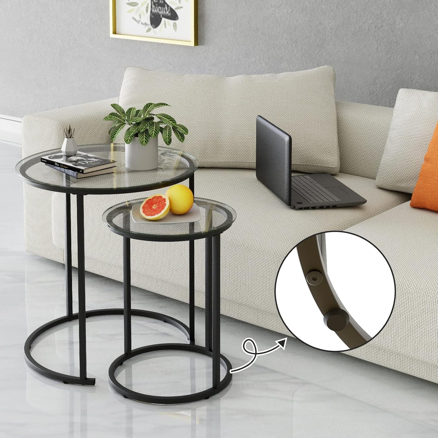 Azheruol Nesting Coffee Table Set of 2,Modern Black Tempered Glass Side Table, Metal Frame Round End Table.Small Glass Tea Table for Living Room,Bedroom Studio Apartment Essentials? 23.2In