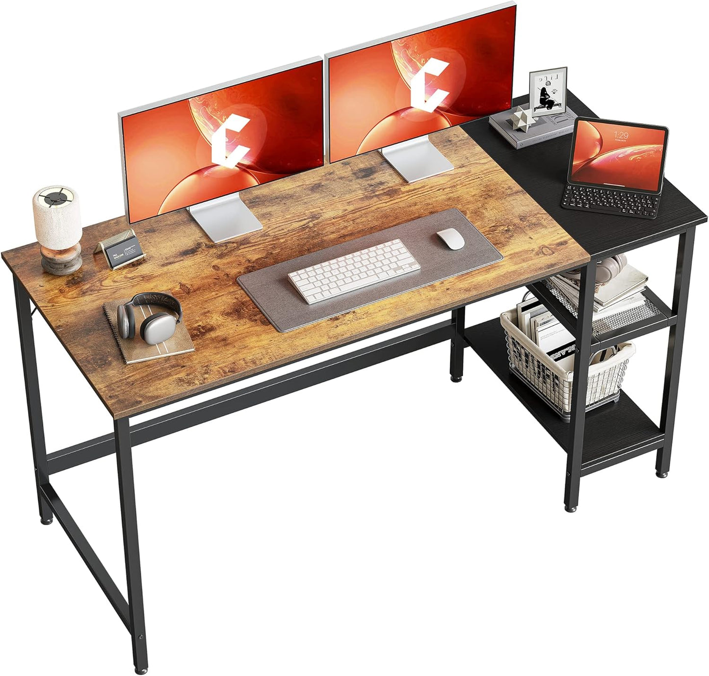 CubiCubi Computer Desk with Monitor Stand and Storage Shelves, 47 inch Writing Study Table for Home Office