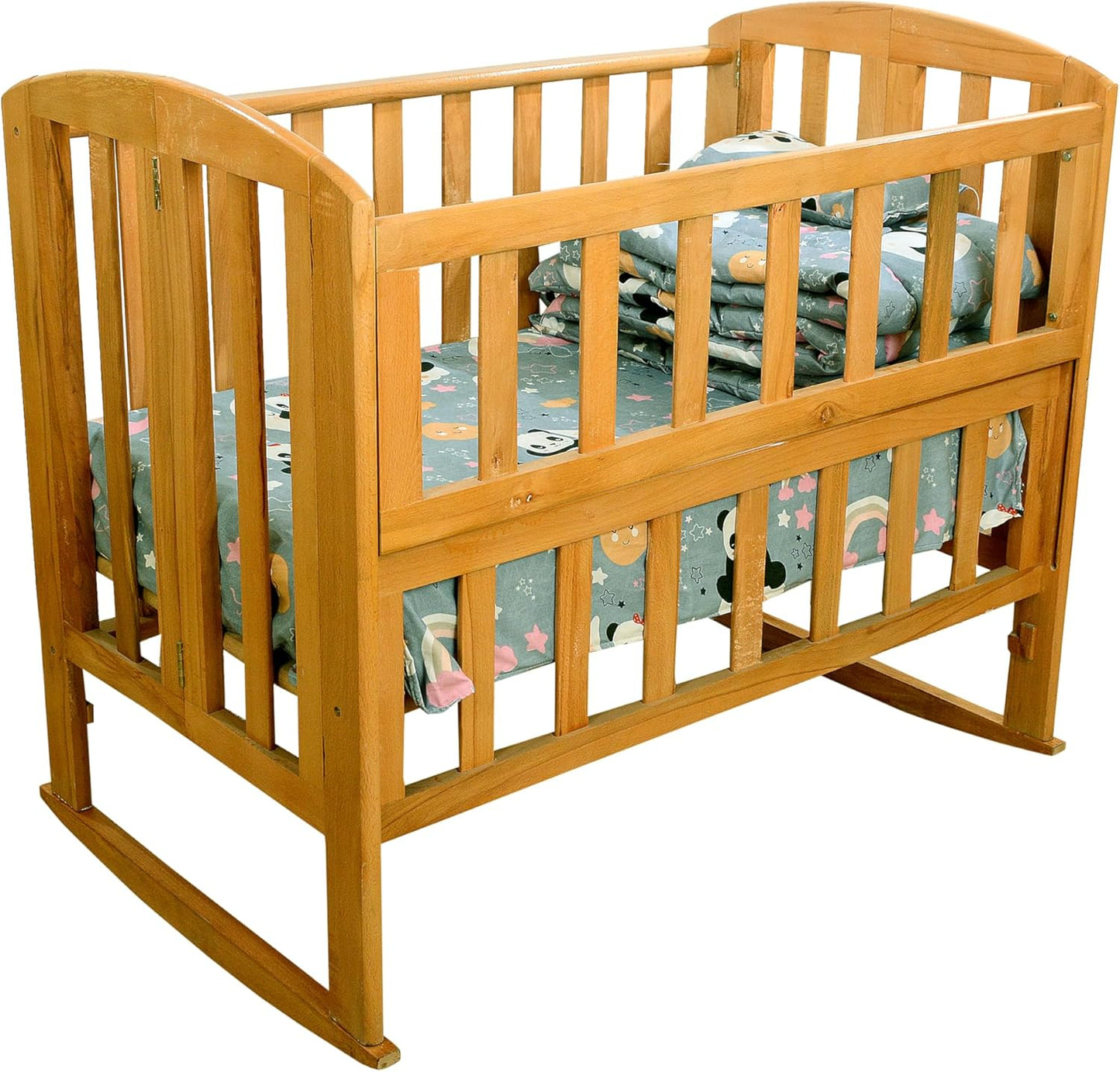 Beech Wood Baby Bed 3 Levels Side Opening for Easy Attachment for Mom Bed Comes with Free Gift Mattress + 4 Piece Fiber Sides Sheet Pillow