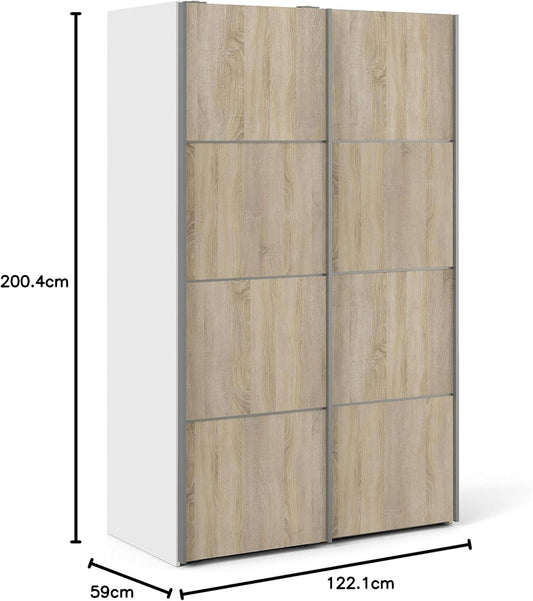 Furniture To Go | Verona Sliding Wardrobe 120cm in White with Oak Doors with 5 Shelves