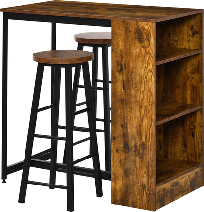 HOMCOM 3 Piece Industrial Style Bar Table Set, Pub Dining Table Set Bar Height Table and 2 Stools with Storage Shelf for Kitchen, Living Room, Coffe Shop, Rustic Brown