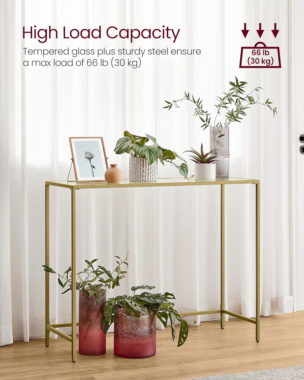 VASAGLE Console Table, Tempered Glass Table, Modern Sofa or Entryway Table, Metal Frame, Sturdy, Adjustable Feet, for Living Room, Hallway, Golden LGT26G