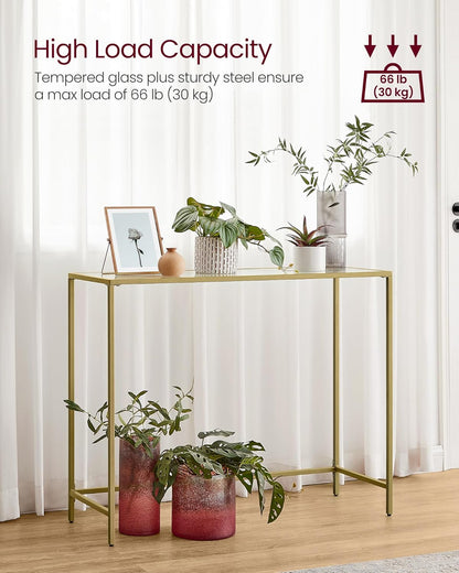 VASAGLE Console Table, Tempered Glass Table, Modern Sofa or Entryway Table, Metal Frame, Sturdy, Adjustable Feet, for Living Room, Hallway, Golden LGT26G