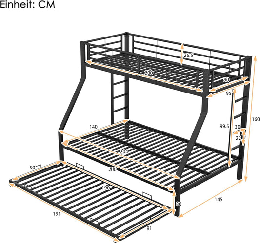 KUAKE Bunk Bed, Metal Bed with Pull-Out Bed, with Ladder on Both Sides for Children, Teenagers, Adults, 90 (140) x 200 cm, (Black)