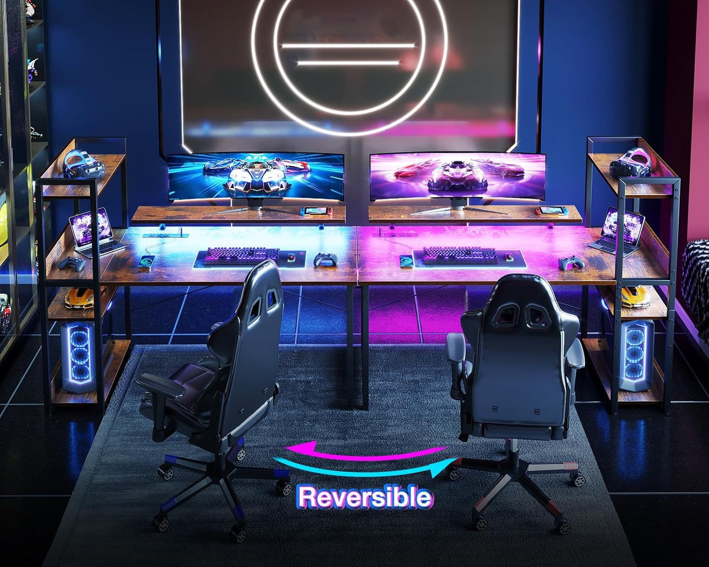 ODK Reversible Computer Desk with Power Outlets & USB Charging Port, 48 Inch Gaming with Storage Shelves and Monitor Stand, Modern Writing Study Desk for Small Space Bedroom