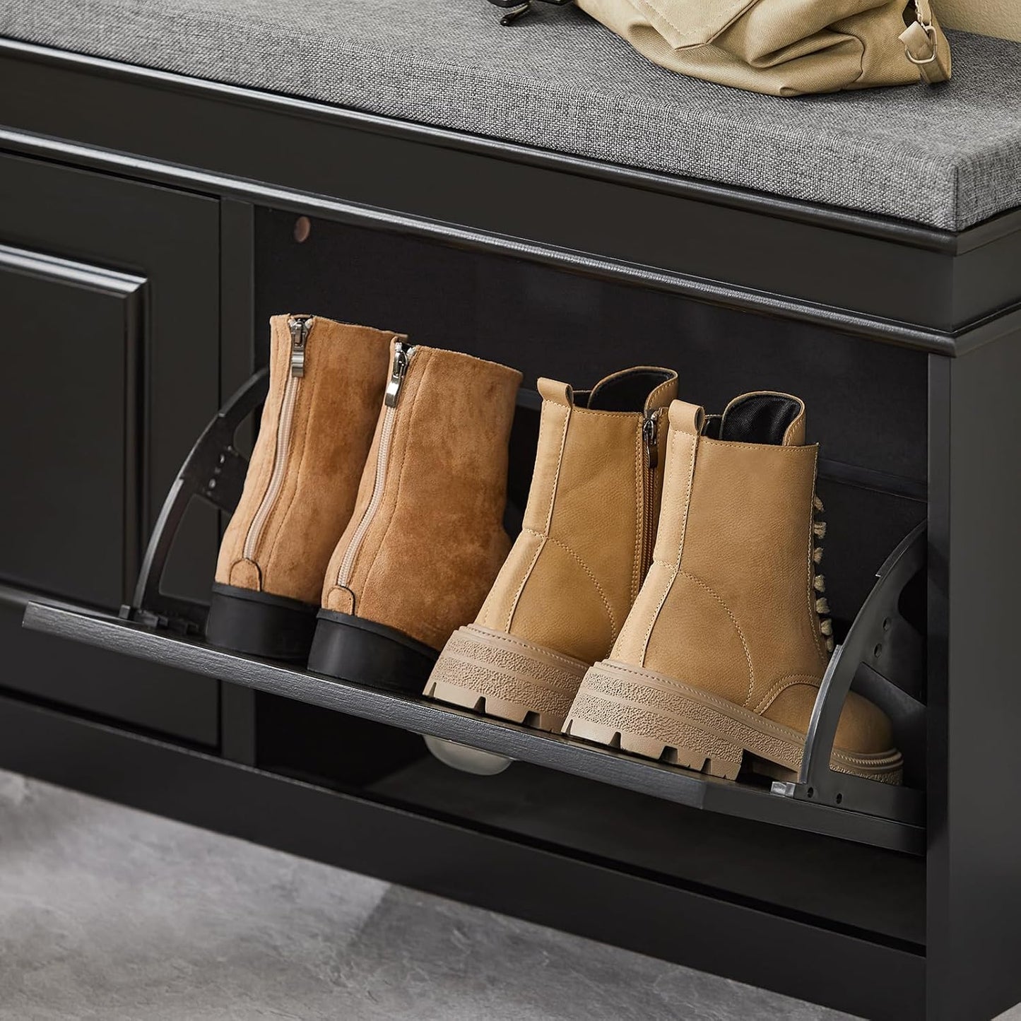 SoBuy FSR64-SCH Shoe Tipper Storage Bench with Seat Cushion with 2 Flaps Black W x H x D x H x D: 104 x 52 x 24 cm