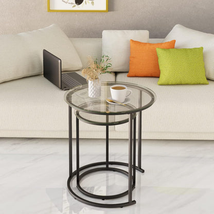 Azheruol Nesting Coffee Table Set of 2,Modern Black Tempered Glass Side Table, Metal Frame Round End Table.Small Glass Tea Table for Living Room,Bedroom Studio Apartment Essentials? 23.2In