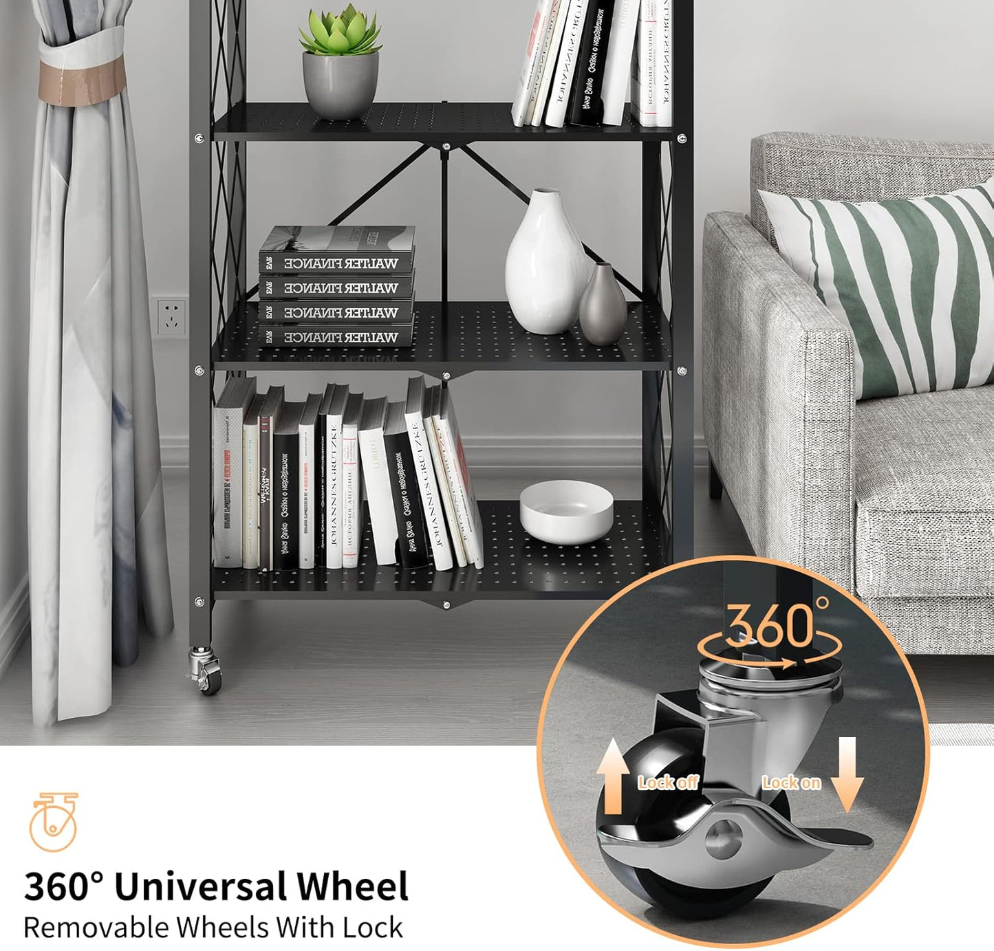 WHIFEA 5 Tier Foldable No Assembly Storage Shelves with Wheels 28.3’’15’’63.2’’ Free Standing Metal Wire Rack Heavy Duty Pantry Collapsible Organizer for Kitchen Bedroom Bathroom Office Black