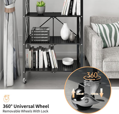 WHIFEA 5 Tier Foldable No Assembly Storage Shelves with Wheels 28.3’’15’’63.2’’ Free Standing Metal Wire Rack Heavy Duty Pantry Collapsible Organizer for Kitchen Bedroom Bathroom Office Black