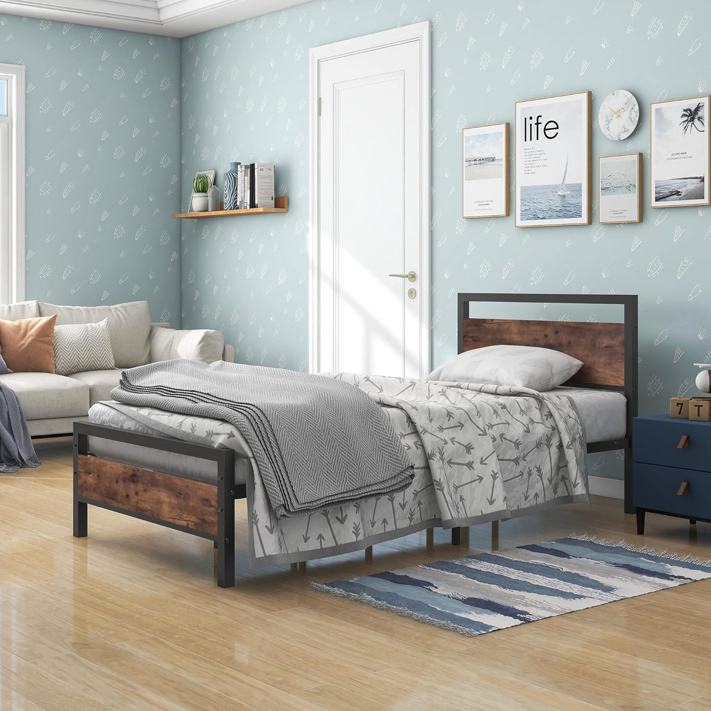 BOFENG 3ft Single Bed Frames Solid Bedstead Base with Wood Headboard,Heavy Duty Metal Platform Bed Frame No Box Spring Needed,Mattress Base/Metal Slat Support/Underbed Storage Space/Rustic Brown
